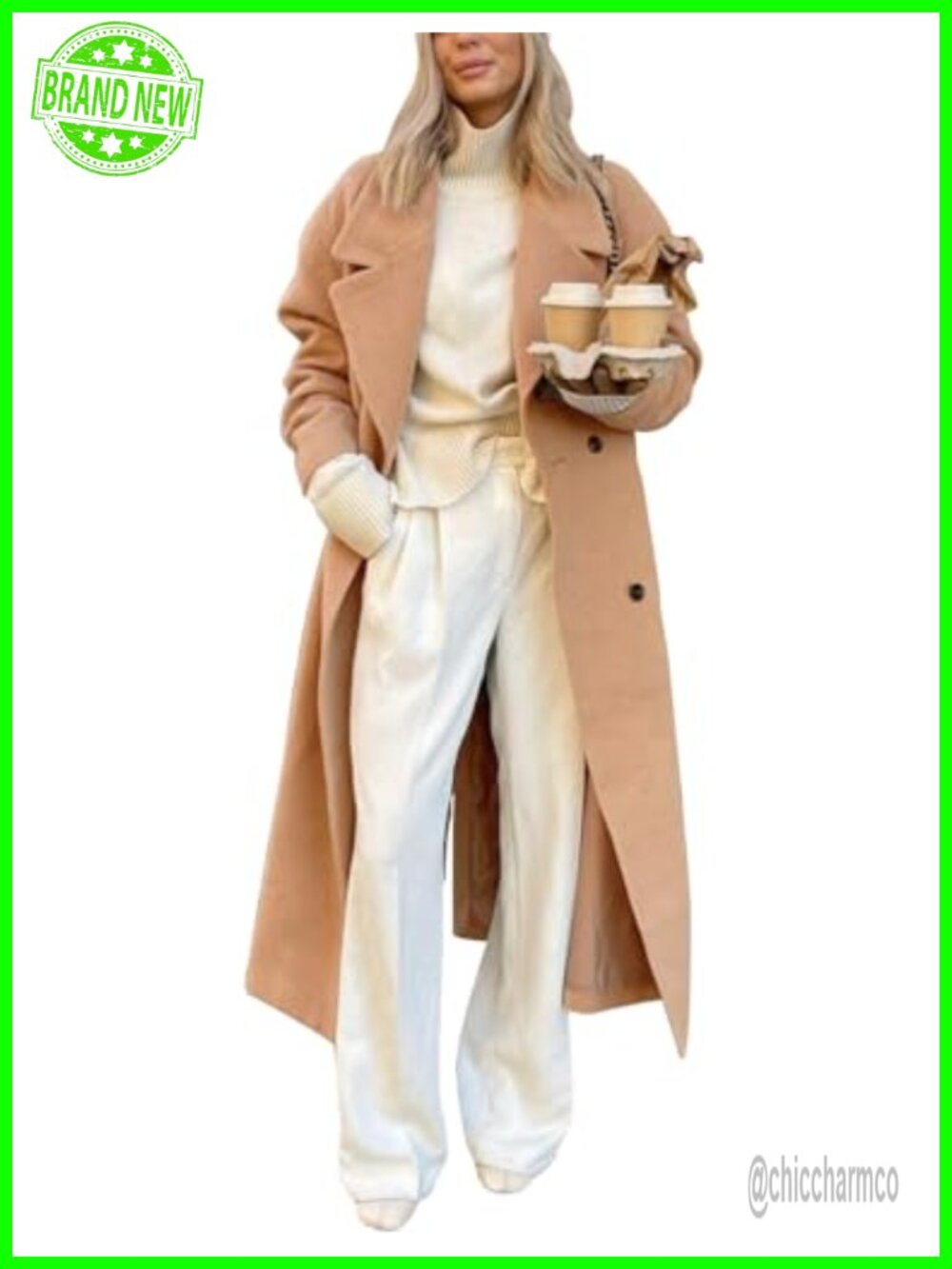 Womens Long Wool Blend Overcoat Notch Lapel Double Breasted Winter Coat